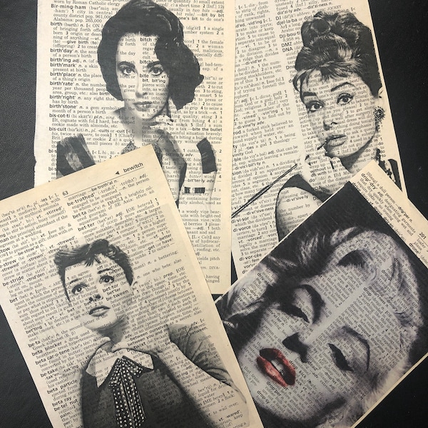 Classic Movie Star Prints on Upcycled Paper//Monroe//Hepburn//Taylor//Garland//Art on Book Paper//Vintage Hollywood//1950's Glamour