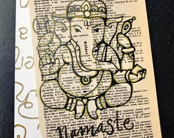 Ganesh on Upcycled Book paper//Namaste/Yoga art/Hindu God