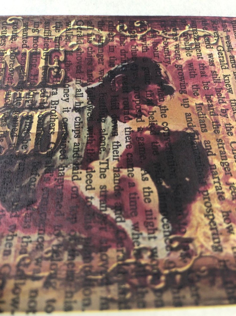 May include: A vintage book page with text about a game of cards. The text is in a brown font with a red background. The image is a collage with a photo of a person's face and hands holding cards.