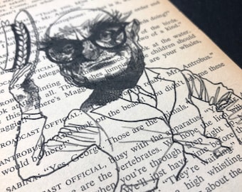 Vintage Print Thornton Wilder David Levine Sketch//Cartoon//Upcycled on pages of The Skin of Our Teeth//1958