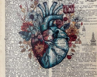 Colorful Heart with Flowers on Upcycled Book Paper//Vintage Dictionary Page//Valentines Day Gift