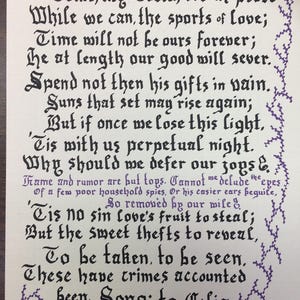 Trecho da canção de Ben Jonson para Celia de sua peça "Volpone" // Caligrafia medieval manuscrita // Tinta preta e roxa