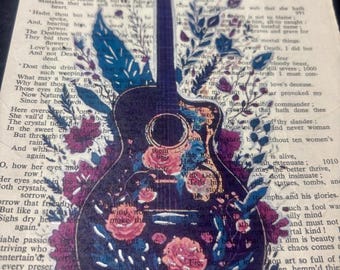Classical Guitar Print on Upcycled Shakespeare Play//Wall Art