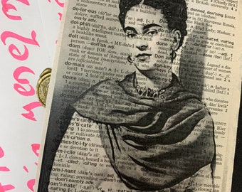 Frida Kahlo Portrait//Black and White Print//Upcycled Book Paper//Art Gift