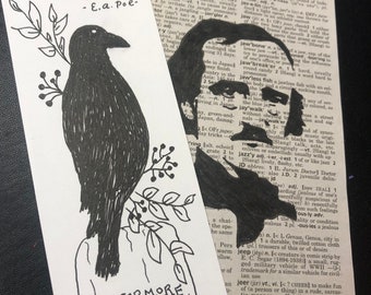 Edgar Allan Poe Portrait on Upcycled Book Page//The Raven Bookmark//Literary Gift Set