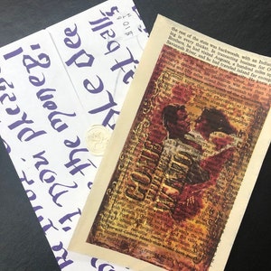 May include: A close-up of a vintage book page with a red and brown stain. The text on the page is partially obscured by the stain. The text reads, "...and seedling pine, but if you were willing to take a chance on Irish poteen, Gerald told Pork gravely the same..."