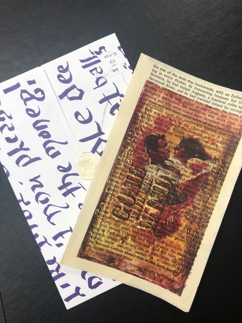 May include: A close-up of a vintage book page with a red and brown stain. The text on the page is partially obscured by the stain. The text reads, "...and seedling pine, but if you were willing to take a chance on Irish poteen, Gerald told Pork gravely the same..."