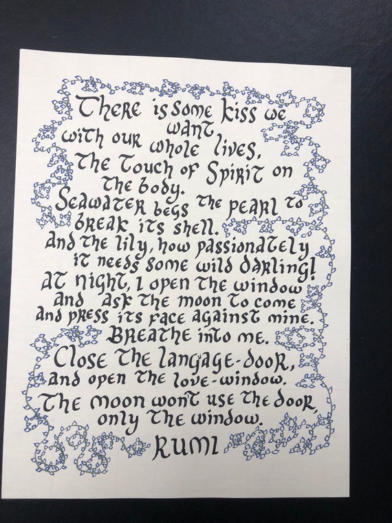 Rumi Poem There Is Some Kiss Handwritten Vine Border And Blue Leaves Classic Laid Paper