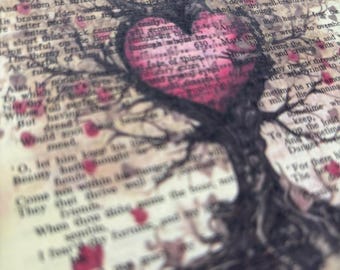 Heart Tree Print on Upcycled Book Page: Valentine's Gift