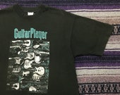Vintage Guitar Shirt Graphic Tee Guitar Player Magazine Promo T-Shirt Mens Large Distressed Black