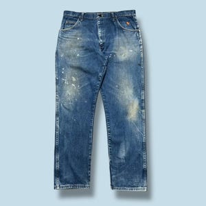 Vintage Wrangler FR Jeans Flame Resistant Dark Blue Distressed Workwear 38x33 image 1