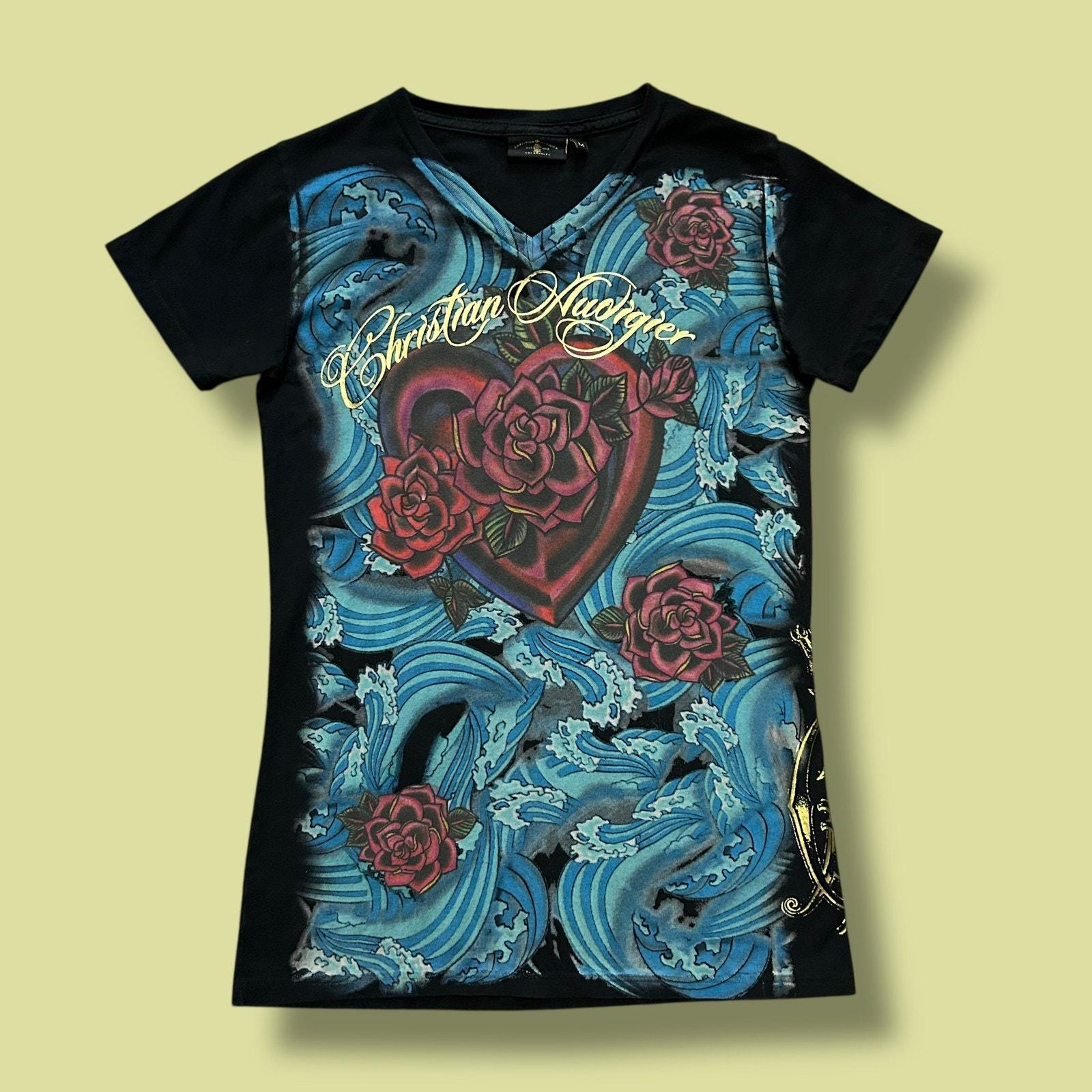 Vintage Christian Audigier Y2k Shirt Rose Art Wave Tattoo Style
