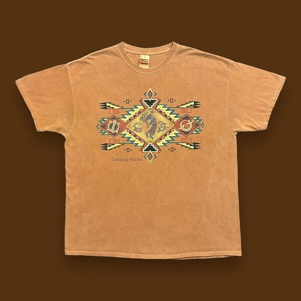 Vintage Garment Dyed Shirt Tombstone Arizona Southwestern Native Art Red Orange XL
