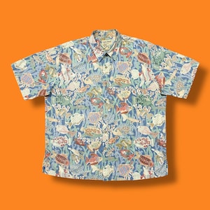Vintage Hawaiian Shirt Colorful Fish All Over Print Button Up 90s Cotton 2X