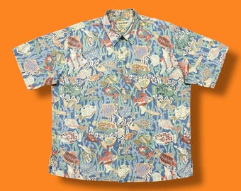 Vintage Hawaiihemd Bunte Fische All Over Print Button Up 90er Jahre Baumwolle 2X