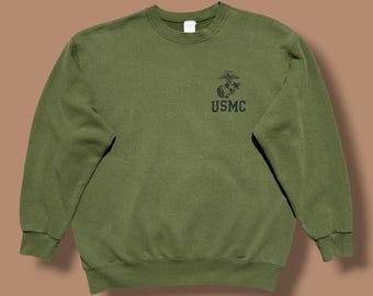 Moletom vintage USMC com gola redonda, estilo militar dos anos 80/90, verde-oliva, tamanho G masculino.