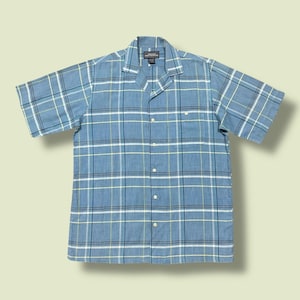 Vintage 80er Jahre Karohemd Button Up Kurzarm Leichtes Polyblend Blau Medium
