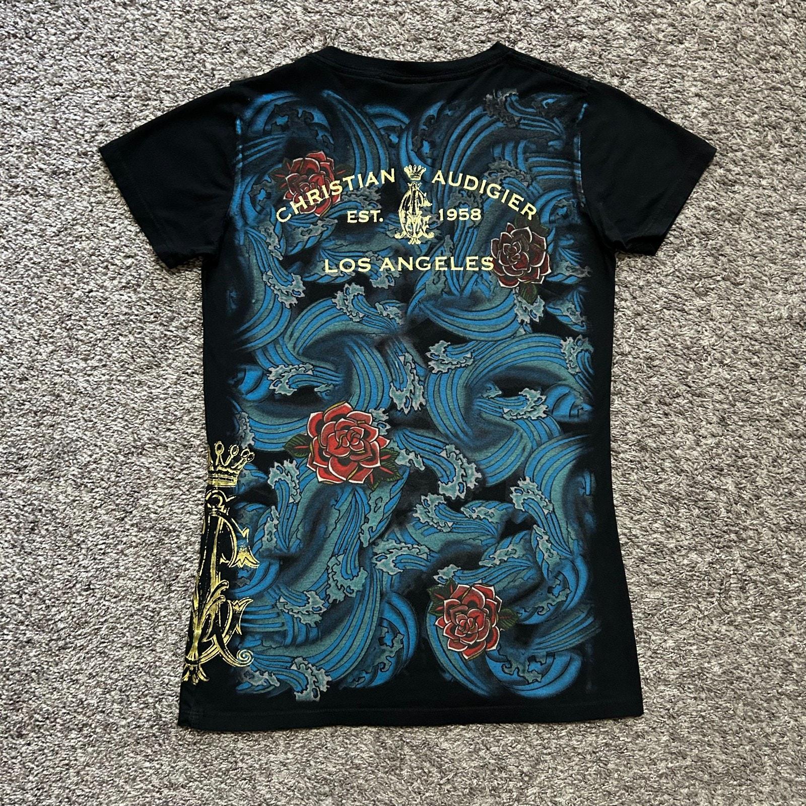 レアy2kビンテージCHRISTIAN AUDIGIERロサンゼルスyzerr Vintage Christian Audigier Y2k Shirt Rose Art Wave Tattoo Style