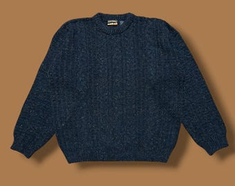 Vintage 90s Wool Sweater Fisherman Cable Knit Navy Blue Crewneck Pullover XL