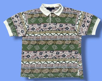 Vintage 90s Polo Shirt Geometric Pattern Abstract Print Cotton Large