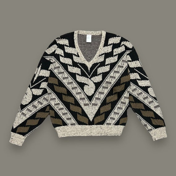 Vintage 80s Sweater Made in Italy Geometric Vneck Cotton Acrylic 