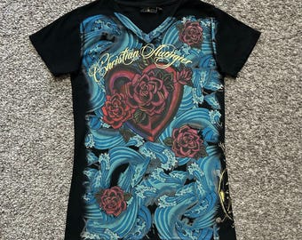 Vintage Christian Audigier Y2k Shirt Rose Art Wave Tattoo Style