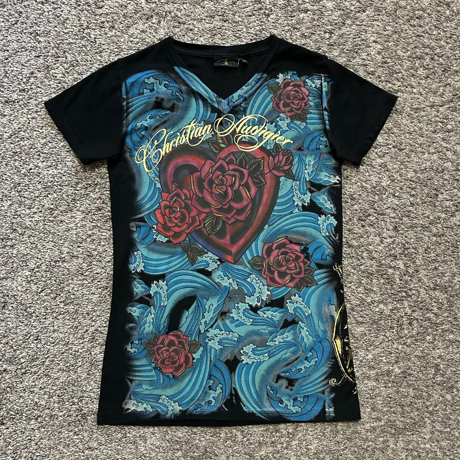 Vintage Christian Audigier Y2k Shirt Rose Art Wave Tattoo Style