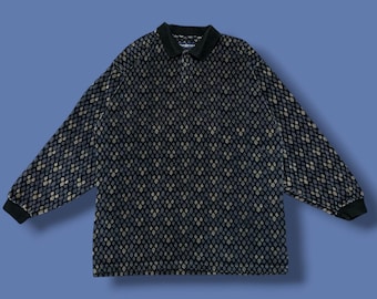 Polo vintage de manga larga, estilo golf, de terciopelo, con estampado de hojas, años 90, Y2K, talla grande, color azul.