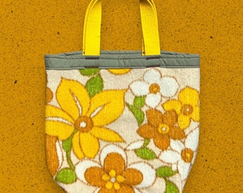 Handmade Hippie Flower Bag 60s 70s Floral Fleece Small Tote Bag Grocery Reusable