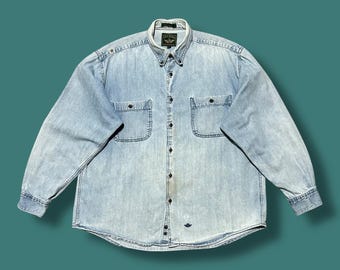 Vintage Denim Shirt Dockers Jeans Long Sleeve Button Down 80s Cotton Blue Large