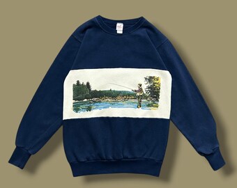 Vintage Fliegen Angeln Sweatshirt Crewneck Pullover Made in USA Navy Blau S/M