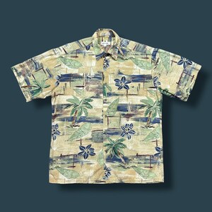 Vintage Hawaiian Shirt Tropical Print Palm Tree Button Up 90s Cotton Medium