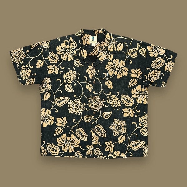 Vintage Hawaiian Shirt Aloha Camp Floral Button Up 90s Cotton Brown Black XL