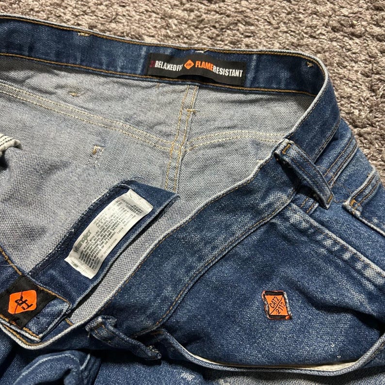 Vintage Wrangler FR Jeans Flame Resistant Dark Blue Distressed Workwear 38x33 image 4