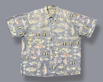 Vintage Hawaiian Shirt Colorful Fish Aloha Button Down 90s Cotton Blue 2X