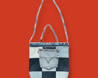 Handmade Denim Tote Bag Patchwork Mini Bag Upcycled Blue Jeans Vintage Retro 3x10x12