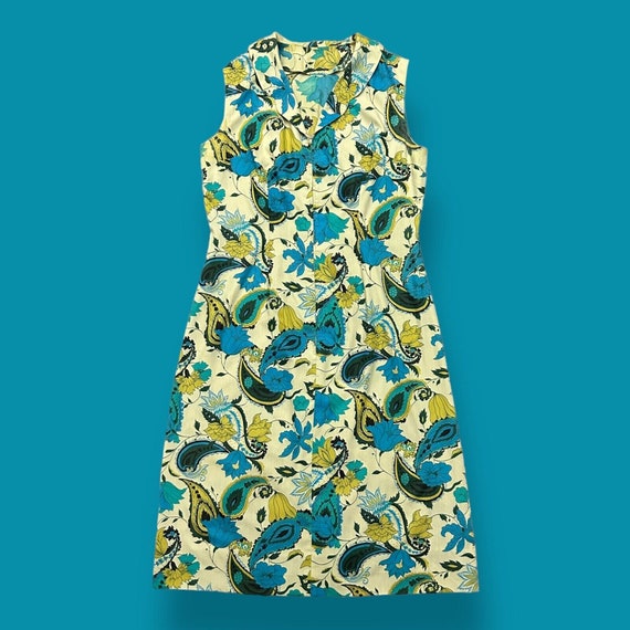 Vintage 60s Floral Dress Talon Zipper Blue Green … - image 1