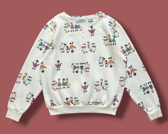 Vintage Heltryckt Tröja Henley Duck Mönster Söt Tecknad Konst 80-tal Stor