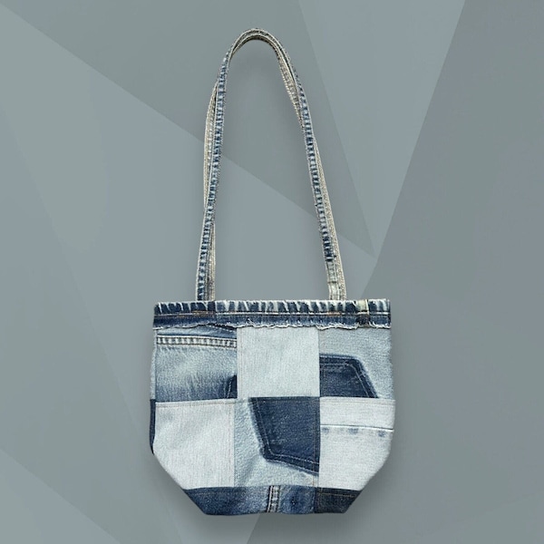 Handmade Patchwork Denim Bag Vintage Jeans Faded Blue Distressed Upcycle