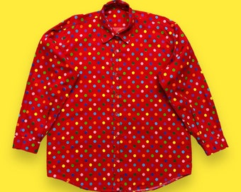 Chemise vintage à pois boutonnée des années 70, 80, haut à col et manches longues rouge