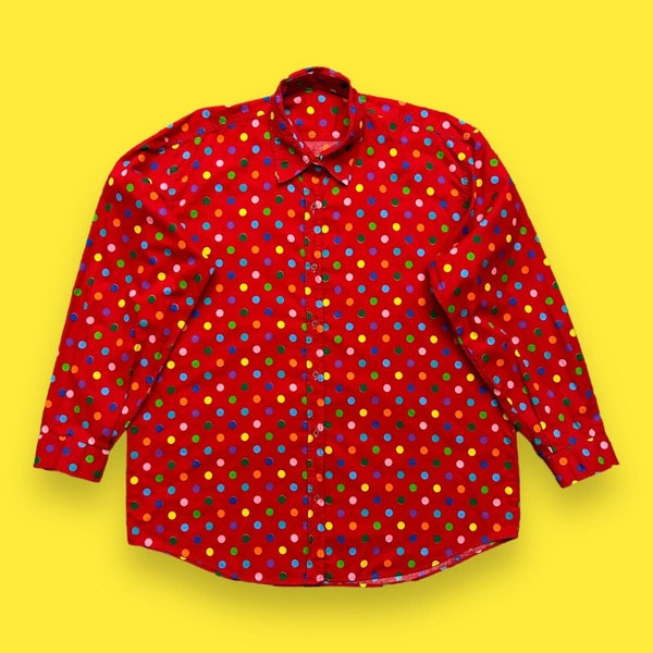 Vintage Polka Dot Shirt Button Up 70s 80s Long Sleeve Collared Top Red