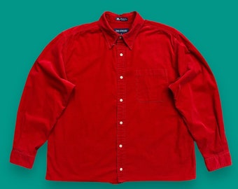 Vintage Corduroy Shirt Long Sleeve Button Up 80s 90s Cotton Red XL Boxy Fit