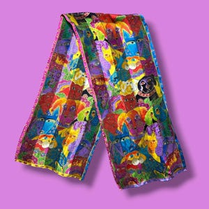 Vintage Laurel Burch Silk Scarf Colorful Dog Animal Art Rectangular 50x11