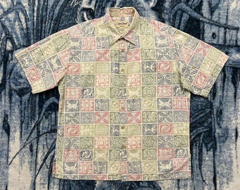 Chemise hawaïenne vintage géométrique aloha fleurie boutonnée des années 90 en coton pour homme grande