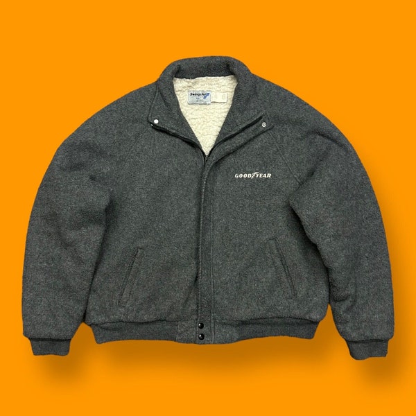 Vintage Swingster Jacket Fleece Full Zip Sherpa Lined Goodyear Promo Gray 2X