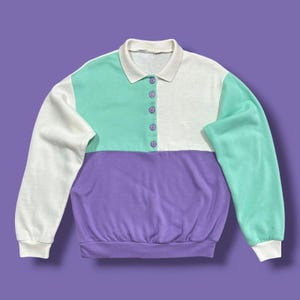 Vintage colorblock sweatshirt in pastelkleuren met halfopen kraag, jaren 70, maat S/M