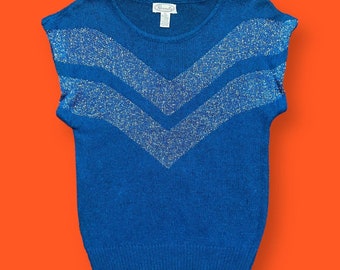 Vintage 80s Sweater Sleeveless Knit Top Ramie Silk Angora Wool Soft Lightweight Blue Large