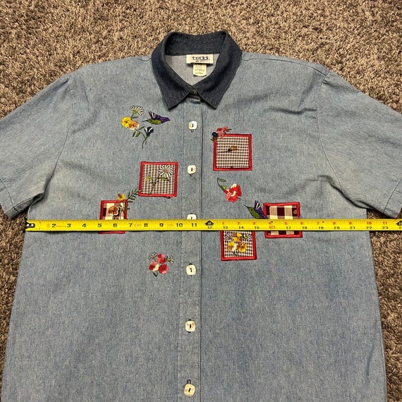 Vintage Denim Shirt Patchwork Hummingbird Flower … - image 5