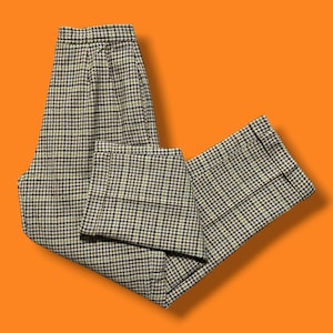 Vintage Wool Pants Houndstooth Plaid Check 80s Deadstock Petite 6P Beige Tan