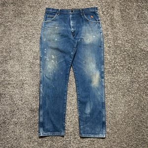 Vintage Wrangler FR Jeans Flame Resistant Dark Blue Distressed Workwear 38x33 image 13